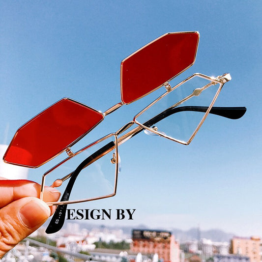 Unisex  Vintage Metal Frame Flip up Triangle Sun Glasses