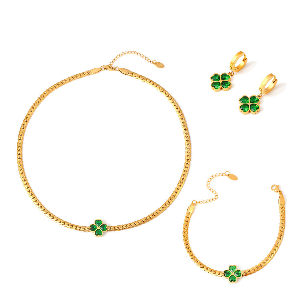 Four-Leaf Flower Love Stainless Steel Earrings Necklace Bracelet Set