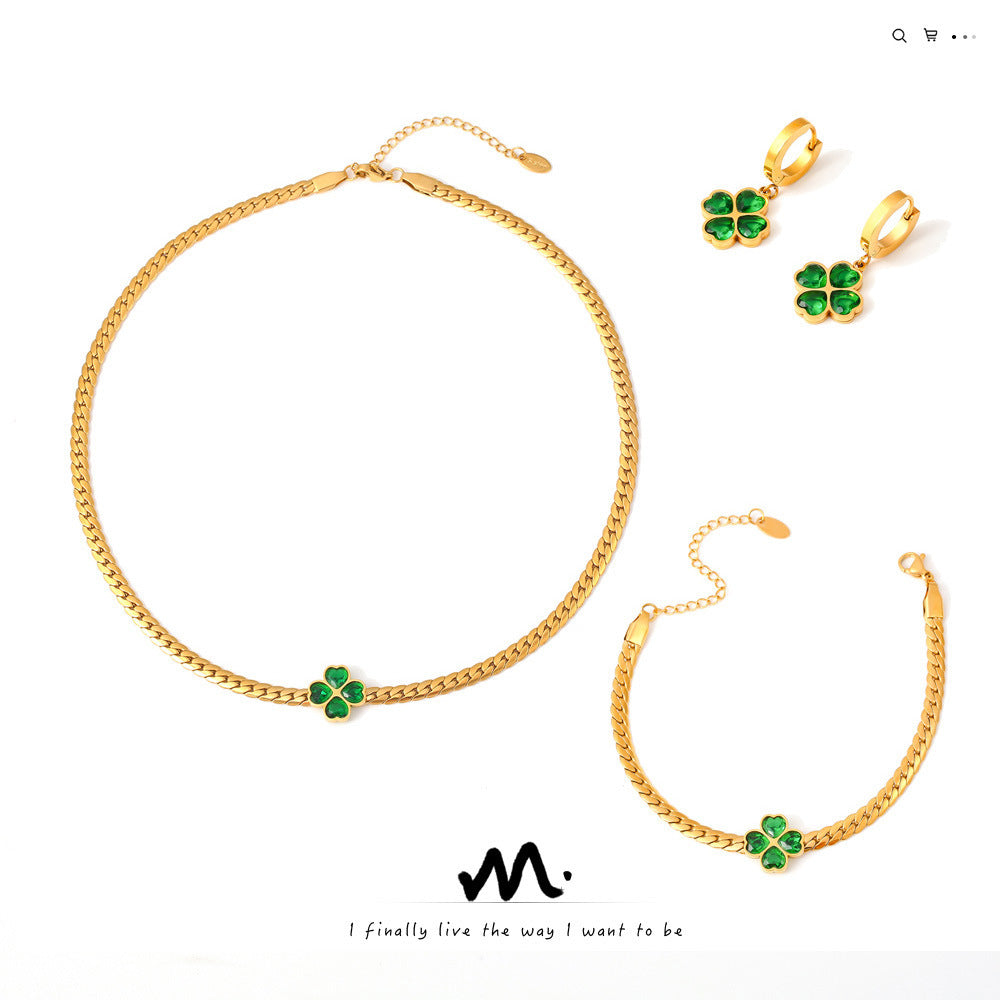 Four-Leaf Flower Love Stainless Steel Earrings Necklace Bracelet Set