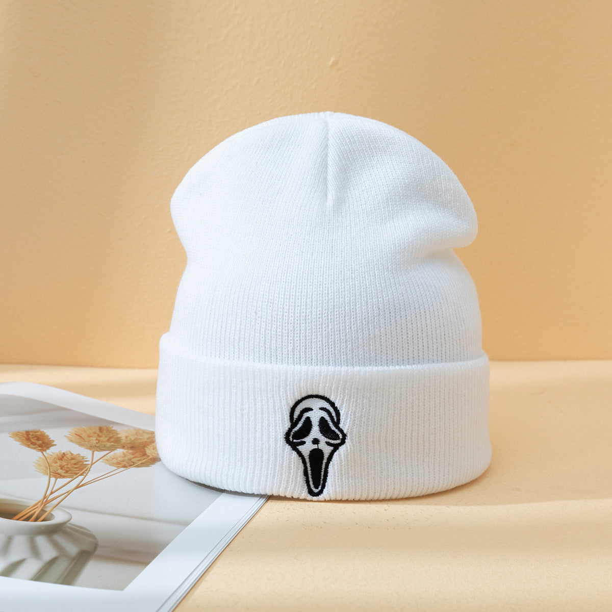 Halloween Dark Embroidered Ghost Face Skeleton Head Warm Knitted Unisex Hat