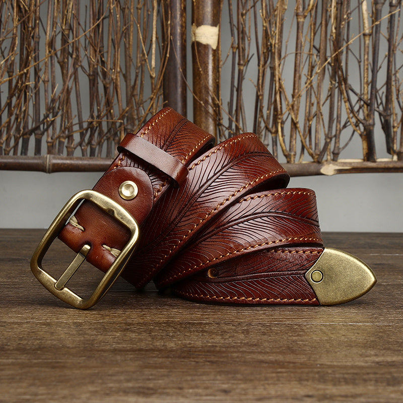 Thick Double-sided Cowhide Brass Buckle Belt