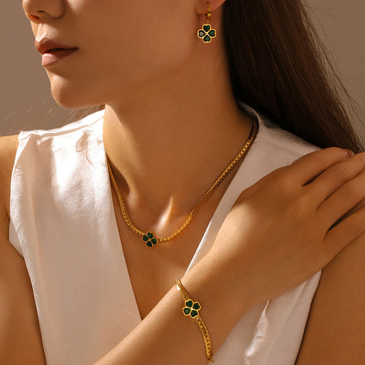 Four-Leaf Flower Love Stainless Steel Earrings Necklace Bracelet Set