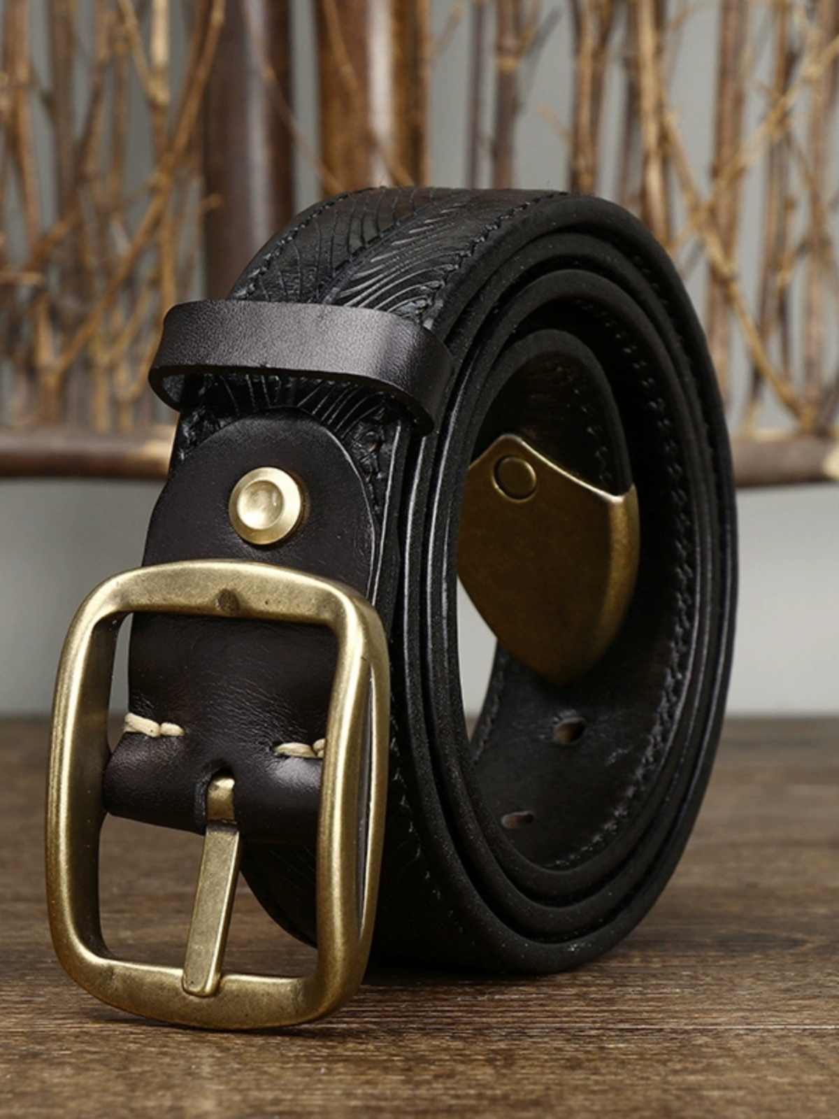 Thick Double-sided Cowhide Brass Buckle Belt