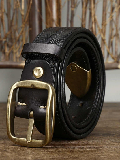 Thick Double-sided Cowhide Brass Buckle Belt
