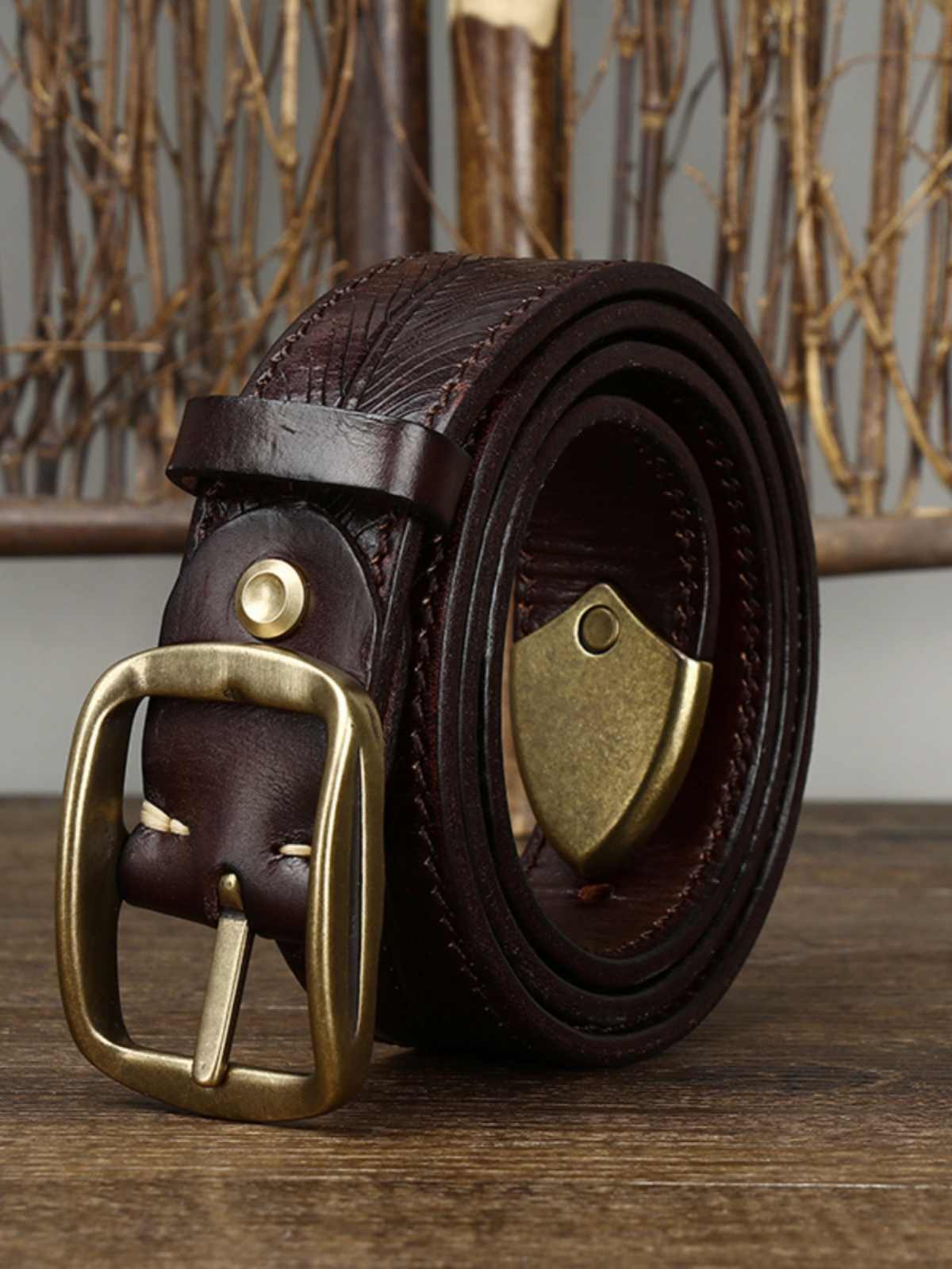 Thick Double-sided Cowhide Brass Buckle Belt
