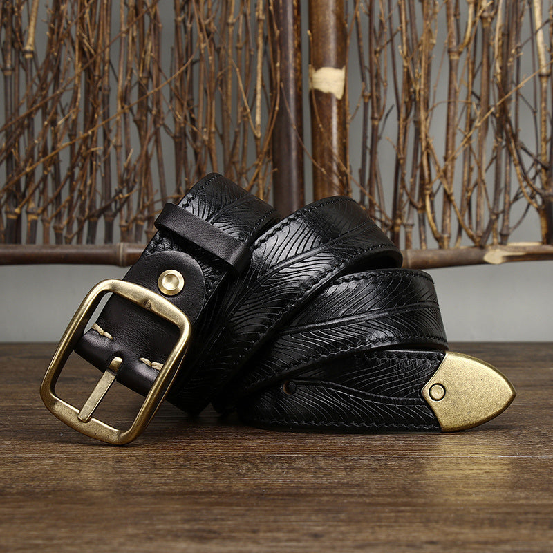 Thick Double-sided Cowhide Brass Buckle Belt
