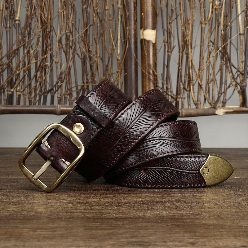 Thick Double-sided Cowhide Brass Buckle Belt
