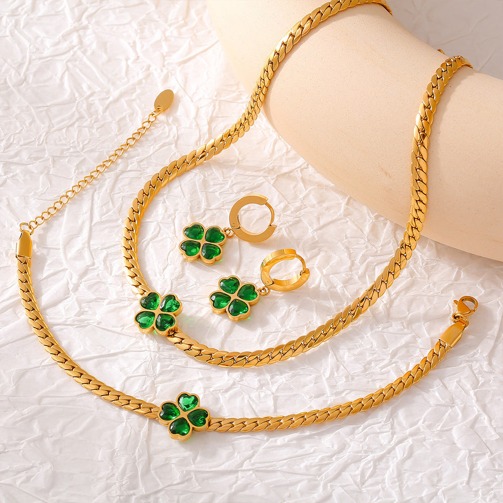 Four-Leaf Flower Love Stainless Steel Earrings Necklace Bracelet Set