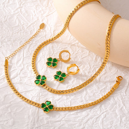 Four-Leaf Flower Love Stainless Steel Earrings Necklace Bracelet Set