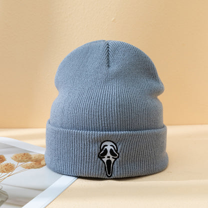 Halloween Dark Embroidered Ghost Face Skeleton Head Warm Knitted Unisex Hat