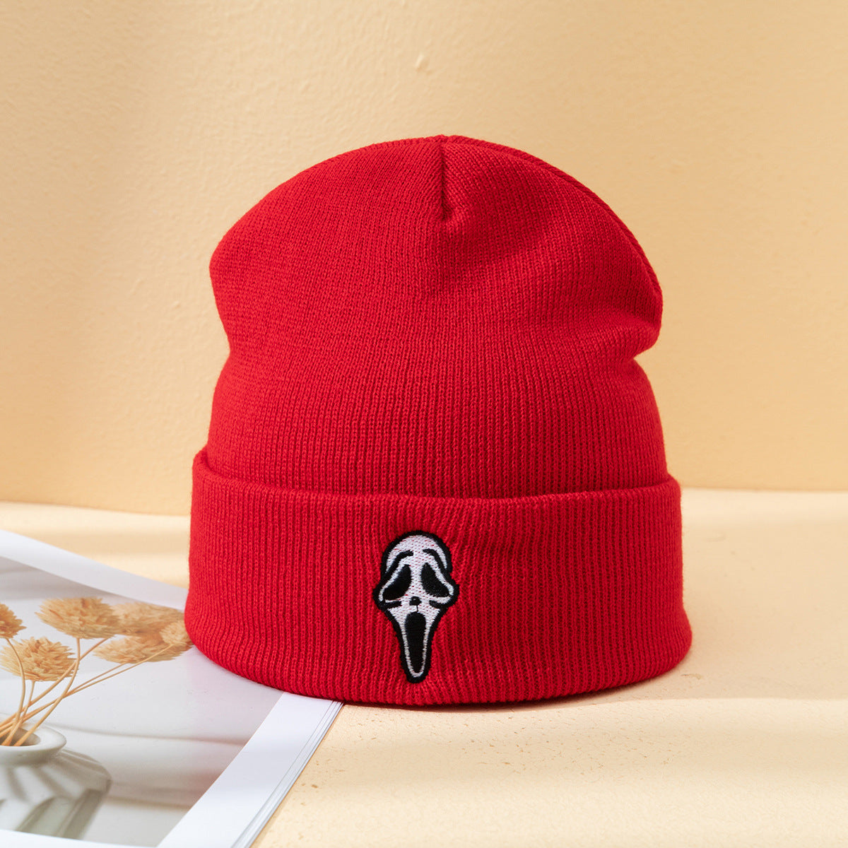 Halloween Dark Embroidered Ghost Face Skeleton Head Warm Knitted Unisex Hat