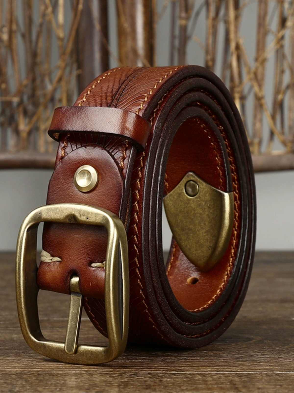 Thick Double-sided Cowhide Brass Buckle Belt