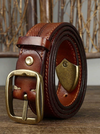 Thick Double-sided Cowhide Brass Buckle Belt