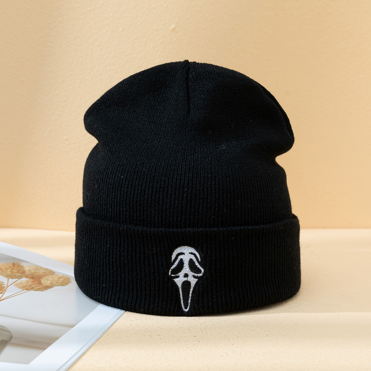 Halloween Dark Embroidered Ghost Face Skeleton Head Warm Knitted Unisex Hat